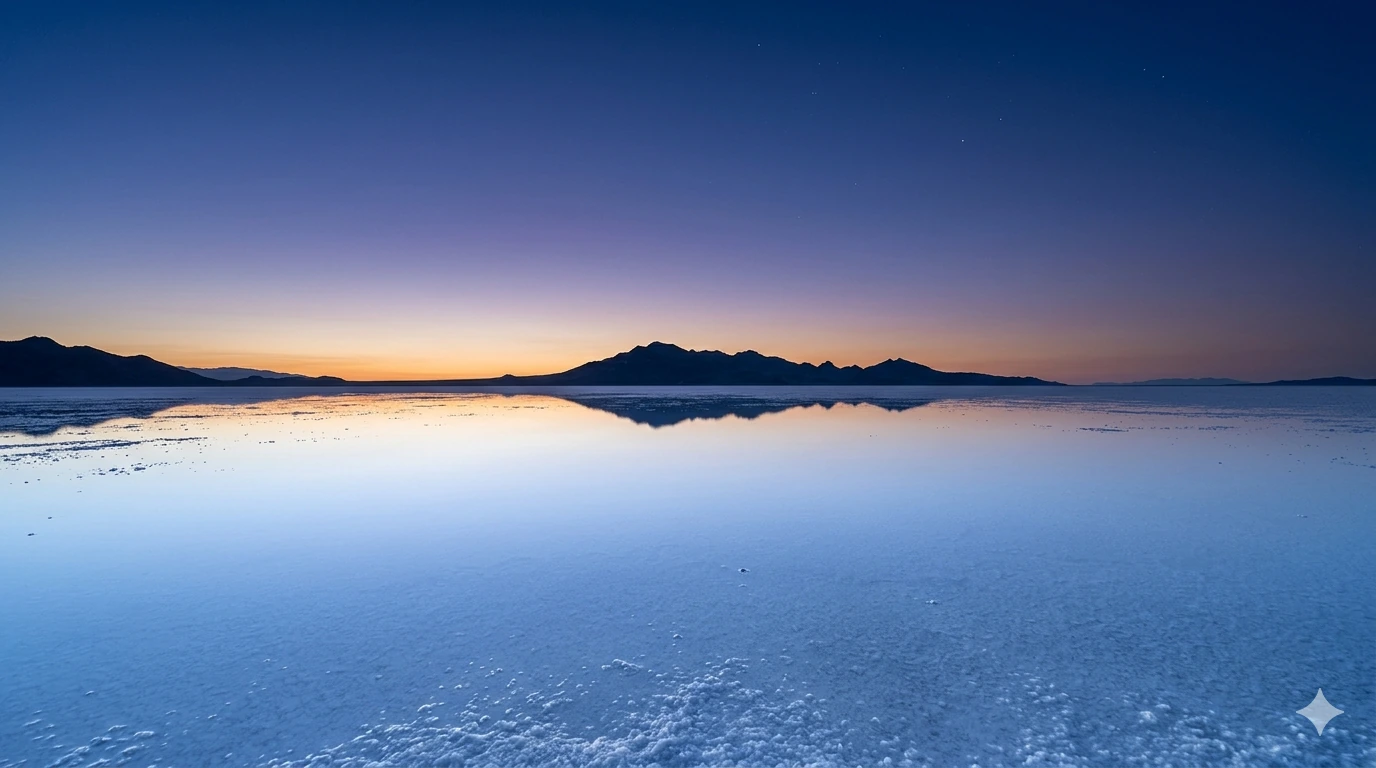 Vast salt flats reflecting a deep blue dusk sky